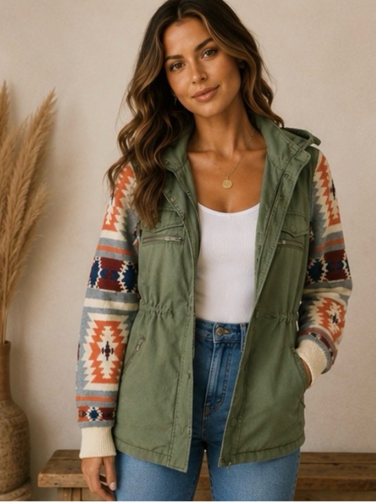 Thread & Supply Jackets & Blazers - Thread & Supply Green Aztec Sleeve Hooded Utility Jacket Small Boho Western